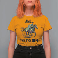 And They’re Off Colorful Horse Racing Sketch T Shirt For Women Jockey and Thoroughbred Sprinting Race Day