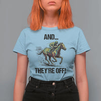 And They’re Off Colorful Horse Racing Sketch T Shirt For Women Jockey and Thoroughbred Sprinting Race Day