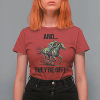 And They’re Off Colorful Horse Racing Sketch T Shirt For Women Jockey and Thoroughbred Sprinting Race Day