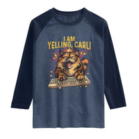 I Am Yelling Carl Graphic Raglan Shirt Funny Angry Cat Typing Keyboard Comic Retro