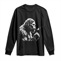 Bigfoot Blowing Dandelion Flower Graphic Long Sleeve Shirt Whimsical Sasquatch Profile Artistic Vintage Distressed