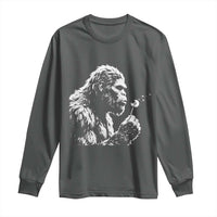 Bigfoot Blowing Dandelion Flower Graphic Long Sleeve Shirt Whimsical Sasquatch Profile Artistic Vintage Distressed