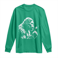 Bigfoot Blowing Dandelion Flower Graphic Long Sleeve Shirt Whimsical Sasquatch Profile Artistic Vintage Distressed