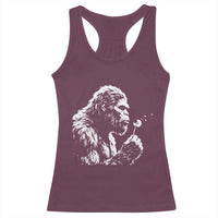 Bigfoot Blowing Dandelion Flower Graphic Racerback Tank Top Whimsical Sasquatch Profile Artistic Vintage Distressed