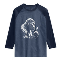Bigfoot Blowing Dandelion Flower Graphic Raglan Shirt Whimsical Sasquatch Profile Artistic Vintage Distressed
