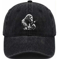 Bigfoot Blowing Dandelion Flower Graphic Washed Cotton Baseball Cap Whimsical Sasquatch Profile Artistic Vintage Distressed