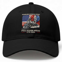 Stainless American Spirit Full Steam Ahead Baseball Cap 250 Years Freedom Semiquincentennial Steam Locomotive
