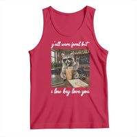 Funny Classroom Raccoon Iced Coffee Teacher Tank Top Y'all Were Feral But I Low Key Love You