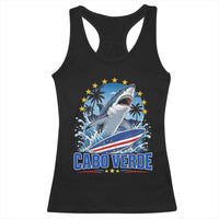 Cabo Verde Surfing Blue Shark Surfboard Racerback Tank Top Cape Verde Flag Tropical Ocean Wave
