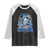 Cabo Verde Surfing Blue Shark Surfboard Raglan Shirt Cape Verde Flag Tropical Ocean Wave