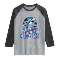 Cabo Verde Surfing Blue Shark Surfboard Raglan Shirt Cape Verde Flag Tropical Ocean Wave