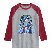 Cabo Verde Surfing Blue Shark Surfboard Raglan Shirt Cape Verde Flag Tropical Ocean Wave