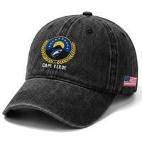 Cape Verde Volcano Blue Sharks Gold Laurel Crest Graphic Washed Cotton Baseball Cap Retro Cabo Verde Heritage Pride