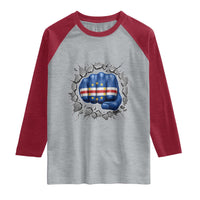 Cape Verde Flag Fist Power Stone Wall Break Graphic Raglan Shirt Cabo Verde Strong Roots National Pride