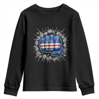 Cape Verde Flag Fist Power Stone Wall Break Graphic Youth Sweatshirt Cabo Verde Strong Roots National Pride