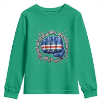 Cape Verde Flag Fist Power Stone Wall Break Graphic Youth Sweatshirt Cabo Verde Strong Roots National Pride