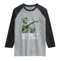 Liberty Has Spoken Pointing Statue Parody Raglan Shirt Funny Sarcastic Basketball Sports Viral Meme Americana