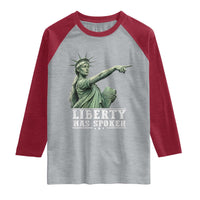 Liberty Has Spoken Pointing Statue Parody Raglan Shirt Funny Sarcastic Basketball Sports Viral Meme Americana