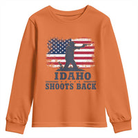 Idaho Shoots Back Distressed American Flag Youth Sweatshirt Cowboy Gunslinger Graphic