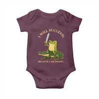 Retro Goblincore Sword Frog Riding Alligator Meme Baby Onesie I Will Succeed Because I Am Insane Chaotic Motivation