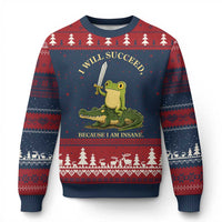 Retro Goblincore Sword Frog Riding Alligator Meme Ugly Christmas Sweater I Will Succeed Because I Am Insane Chaotic Motivation