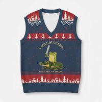 Retro Goblincore Sword Frog Riding Alligator Meme V-Neck Knit Sweater Vest I Will Succeed Because I Am Insane Chaotic Motivation