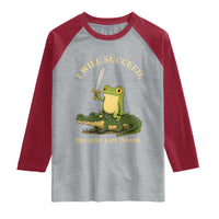 Retro Goblincore Sword Frog Riding Alligator Meme Raglan Shirt I Will Succeed Because I Am Insane Chaotic Motivation