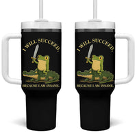 Retro Goblincore Sword Frog Riding Alligator Meme Tumbler With Handle I Will Succeed Because I Am Insane Chaotic Motivation