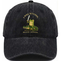 Retro Goblincore Sword Frog Riding Alligator Meme Washed Cotton Baseball Cap I Will Succeed Because I Am Insane Chaotic Motivation