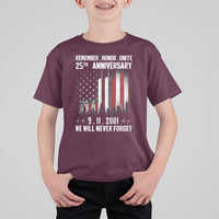 Remember Honor Unite 9 11 Memorial 25th Anniversary T Shirt For Kid We Will Never Forget Patriotic American Flag