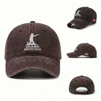 Idaho Shoots Back Cowboy Gunslinger Silhouette Patriotic Graphic Washed Cotton Baseball Cap