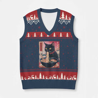 Sarcastic Black Cat Eating Ramen V-Neck Knit Sweater Vest Funny Japanese Kawaii Cats Anime Graphic - Wonder Print Shop