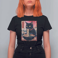 Sarcastic Black Cat Eating Ramen T Shirt For Women Funny Japanese Kawaii Cats Anime Graphic - Wonder Print Shop