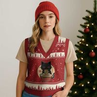 Kawaii Black Cat Eating Ramen V-Neck Knit Sweater Vest Funny Graphic Japanese Kawaii Anime Inspo - Wonder Print Shop