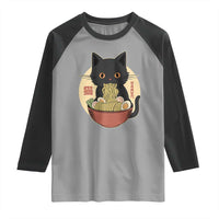 Kawaii Black Cat Eating Ramen Raglan Shirt Funny Graphic Japanese Kawaii Anime Inspo - Wonder Print Shop