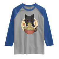 Kawaii Black Cat Eating Ramen Raglan Shirt Funny Graphic Japanese Kawaii Anime Inspo - Wonder Print Shop