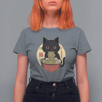 Kawaii Black Cat Eating Ramen T Shirt For Women Funny Graphic Japanese Kawaii Anime Inspo - Wonder Print Shop