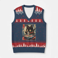 Funny Black Cat Eating Ramen Noodle Graphic V-Neck Knit Sweater Vest Japanese Kawaii Anime Gifts - Wonder Print Shop