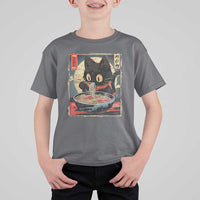 Funny Black Cat Eating Ramen Noodle Graphic T Shirt For Kid Japanese Kawaii Anime Gifts - Wonder Print Shop