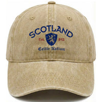 Scotland Celtic Nation Est 843 Washed Cotton Baseball Cap Lion Rampant Shield Patriotic Scottish Heritage