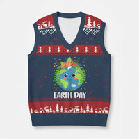 Happy Earth Day V-Neck Knit Sweater Vest Cute Earth With Floral - Wonder Print Shop