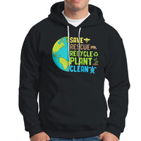 Black hoodie with front Earth graphic text: SAVE RESCUE RECYCLE PLANT CLEAN
