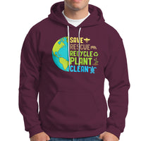 Maroon hoodie with front Earth graphic text: SAVE RESCUE RECYCLE PLANT CLEAN