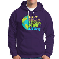 Purple hoodie with front Earth graphic text: SAVE RESCUE RECYCLE PLANT CLEAN