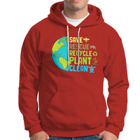 Red hoodie with front Earth graphic text: SAVE RESCUE RECYCLE PLANT CLEAN