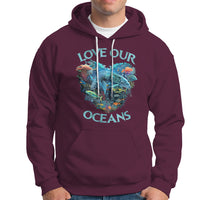 Maroon hoodie with colorful ocean graphic and text "LOVE OUR OCEANS"