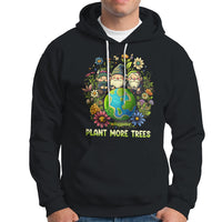 Black hoodie with gnome-and-flowers graphic and "PLANT MORE TREES" front print.