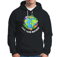Black pullover hoodie with colorful heart Earth graphic and kangaroo pocket.