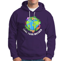 Purple pullover hoodie with colorful heart Earth graphic and kangaroo pocket.
