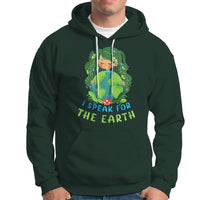 Dark forest green Earth Day hoodie with front pocket and “I Speak for the Earth” graphic